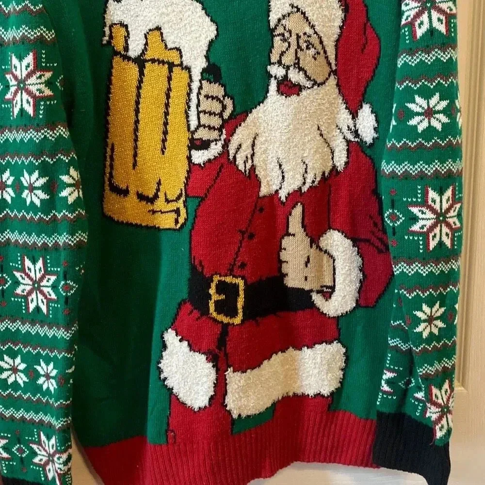Ugly Christmas sweater, Santa large beer, mug, snowflakes size large - Picture 7 of 7
